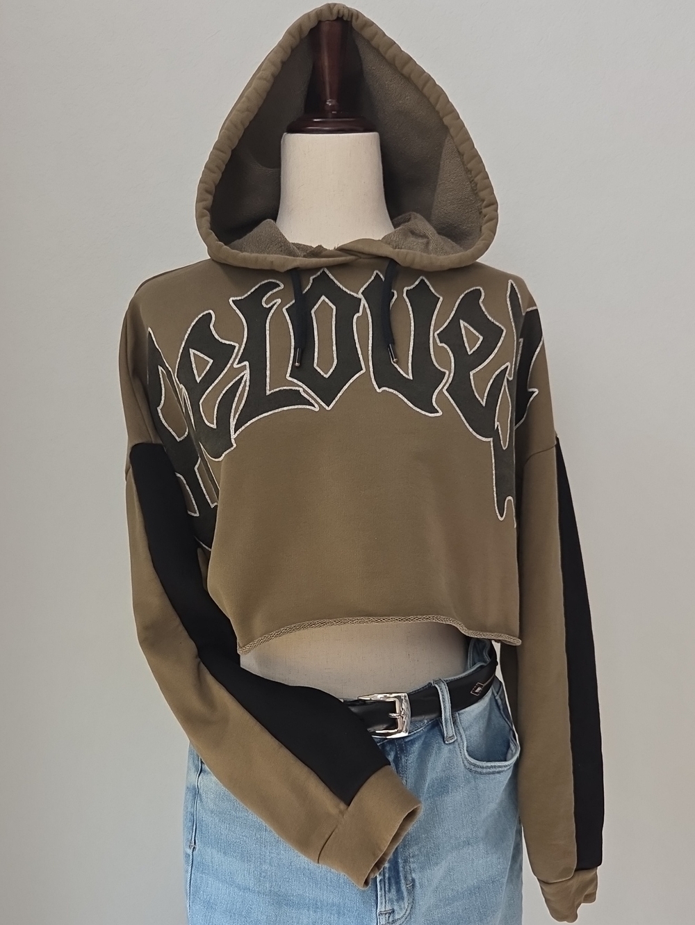 Topshop Green Cropped Hoodie Black Sleeve Grunge Goth Retro Skater Oversized